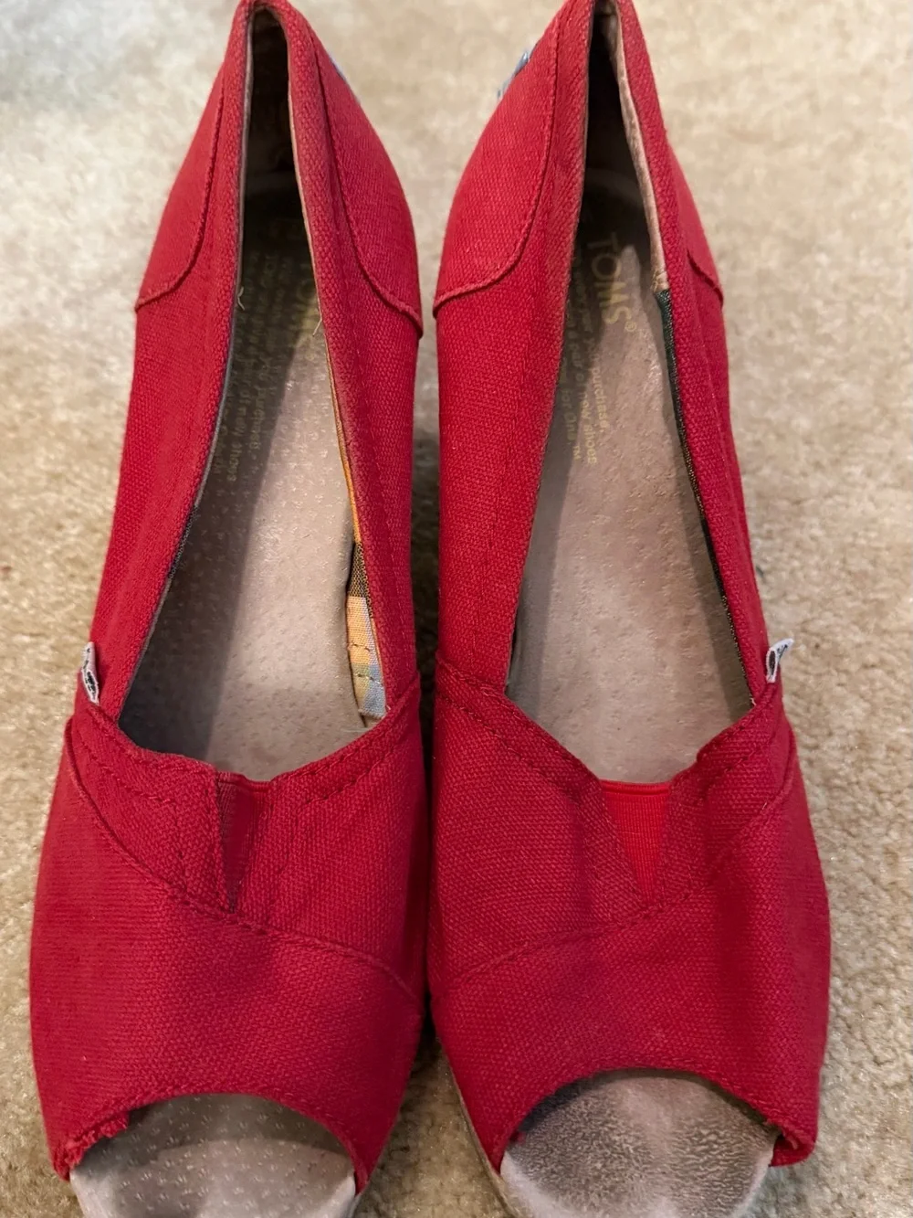 TOMS Red Canvas Wedge Espadrille Peep-Toe Heels